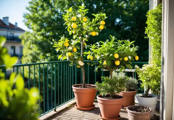 "Small fruit trees growing in a pot on a sunny apartment balcony"