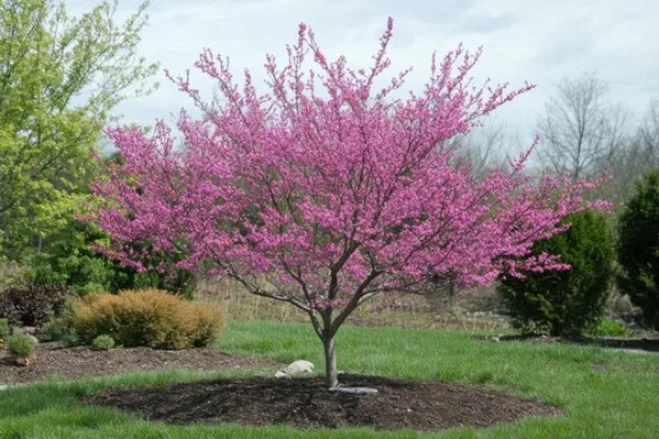 "Eastern Redbud tree covered in bright pink blossoms during spring"