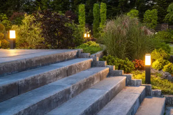"Beautifully lit garden stairwell featuring plants and modern landscape lighting for ambiance and safety."