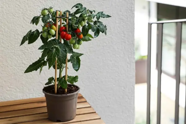 “Tomato plants growing indoors in pots under sunlight, ideal for indoor vegetable gardening and small-space growers.”