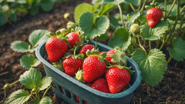 "Healthy day-neutral strawberries with ripe red fruits in the garden"