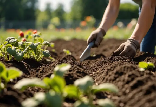 "Gardener preparing soil for planting strawberries in a garden bed"