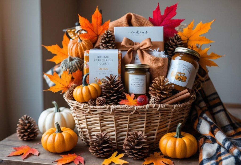 Halloween gift basket with a mini pumpkin, wrapped treats and handmade card