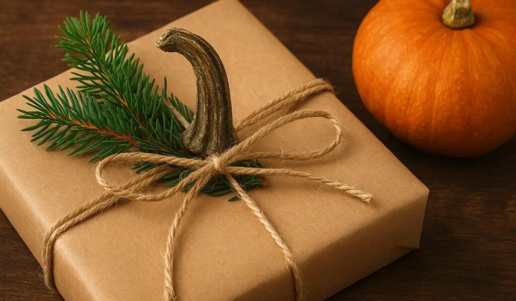 Mini pumpkin gift wrapped with kraft paper and natural twine