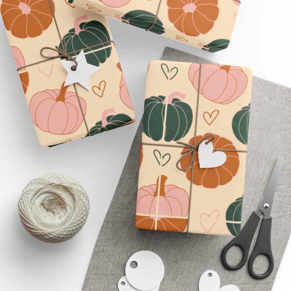 Printable Halloween pumpkin gift tags and matching wrapping paper from Greenspacey